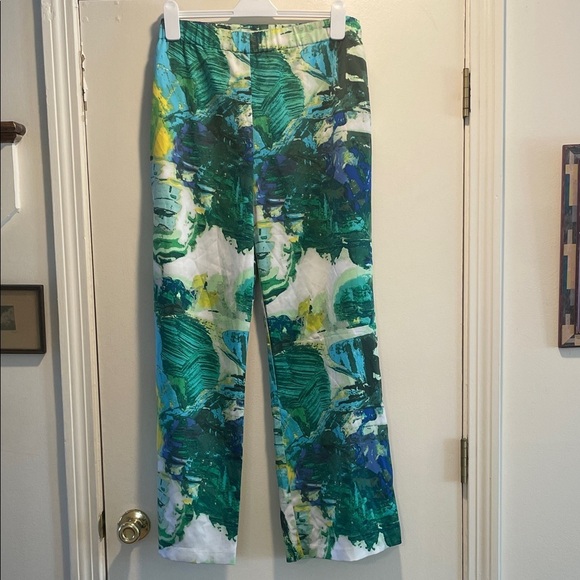 Naeem Khan Pants - Timeless Naeem Khan Watercolor Abstract Green and Blue Wide Leg Pull Up Pants